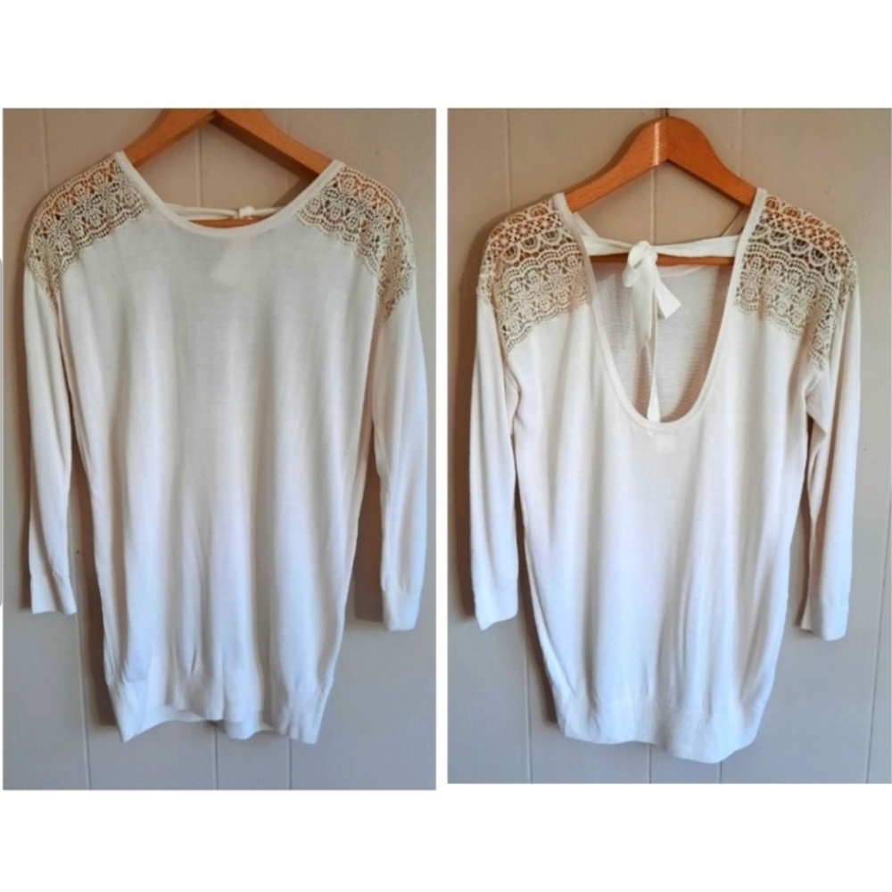 Nwot Club Monaco Sweater lace inserts back cut out bow cream S
